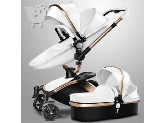 PoulaTo: 3 in 1 Baby Stroller Leather Two-way Shock Absorbers Pushchairs Bassinet Pram